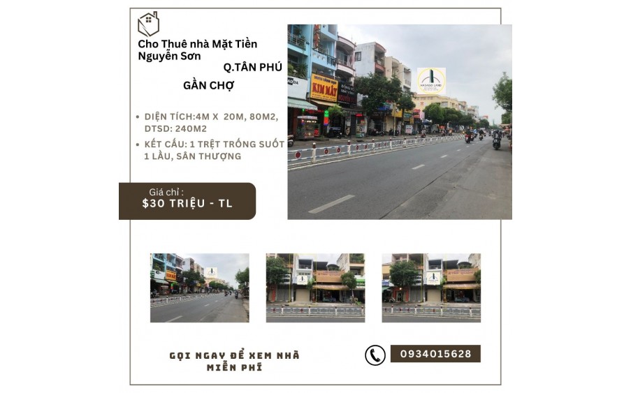 Cho thuê Nhà Mặt Tiền Nguyễn Sơn 80m2, 1Lầu+ST, 30triệu, gần chợ